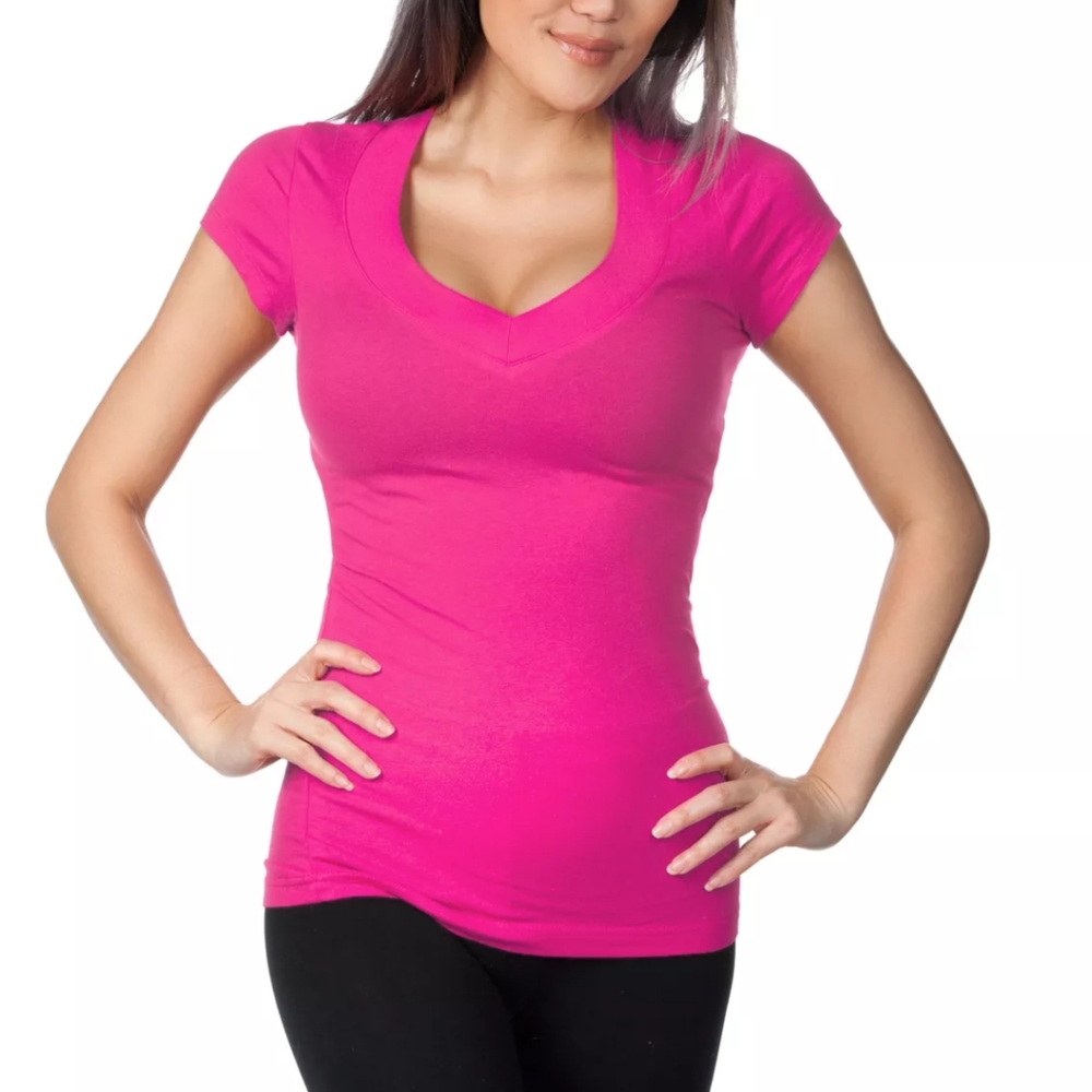 Sexy fuschia pink v-neck short sleeve lowcut top
